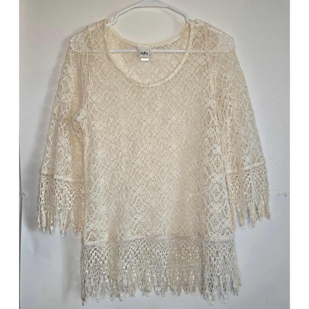 Daytrip Womens Cream Floral Lace Bell Sleeve Fringe Hem Top T50251C Size L